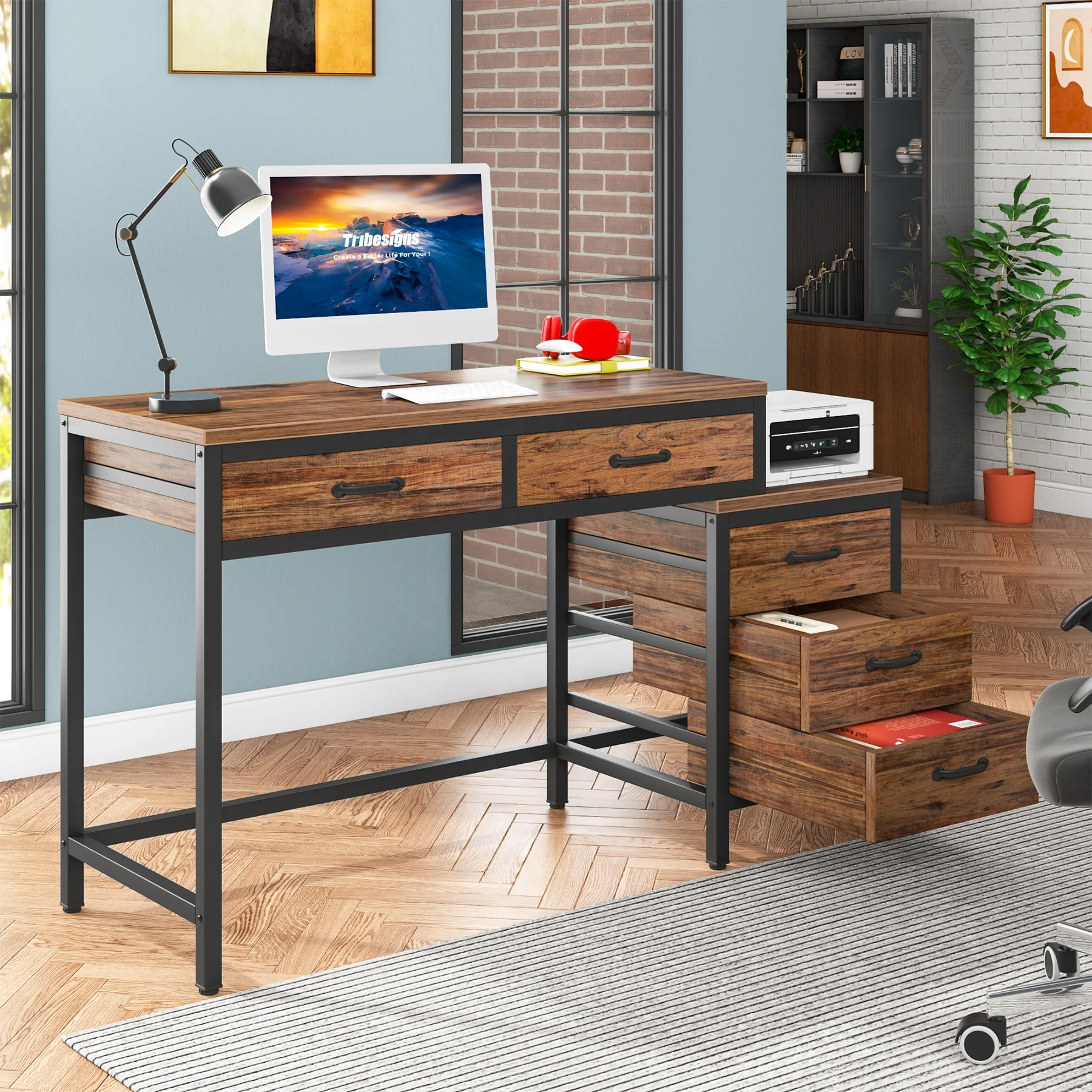 Tribesigns Gaming Desk with Reversible Storage Drawer Cabinet Printer Stand School Furniture Study Desk Home Office Desks