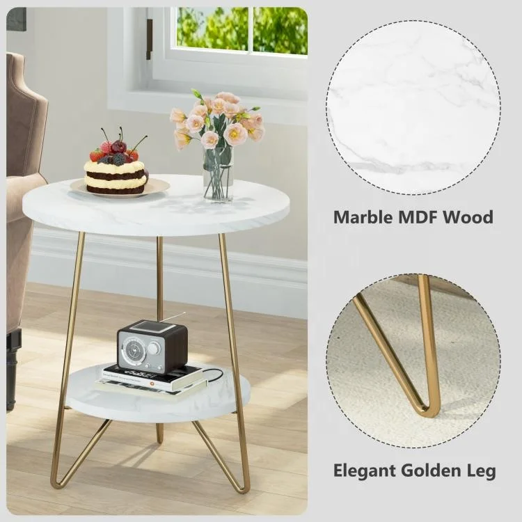 Tribesign Coffee Table Interior 2 Tier Round End Table Faux Marble Modern White Carton Packing Storage Customized Modern Designs