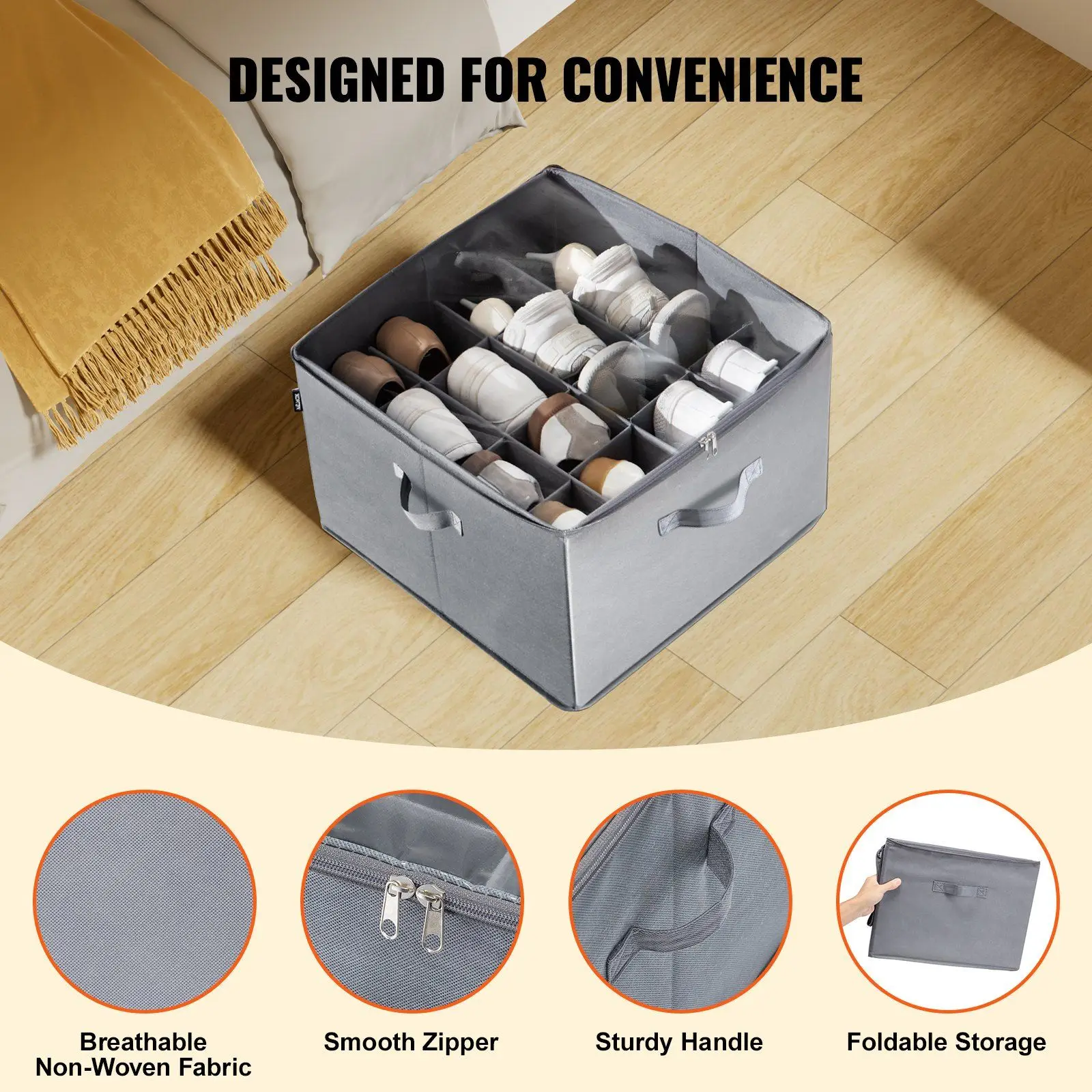 Shoe Organizer 16 Compartments Adjustable Dividers Grey Fabric Storage Box For Bedroom L17 X W17 X H12.4