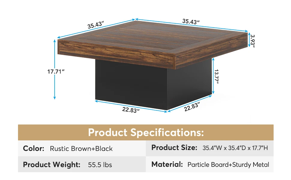 Tribesigns Square Coffee Table Modern LED Coffee Center Table Wood for Living Room