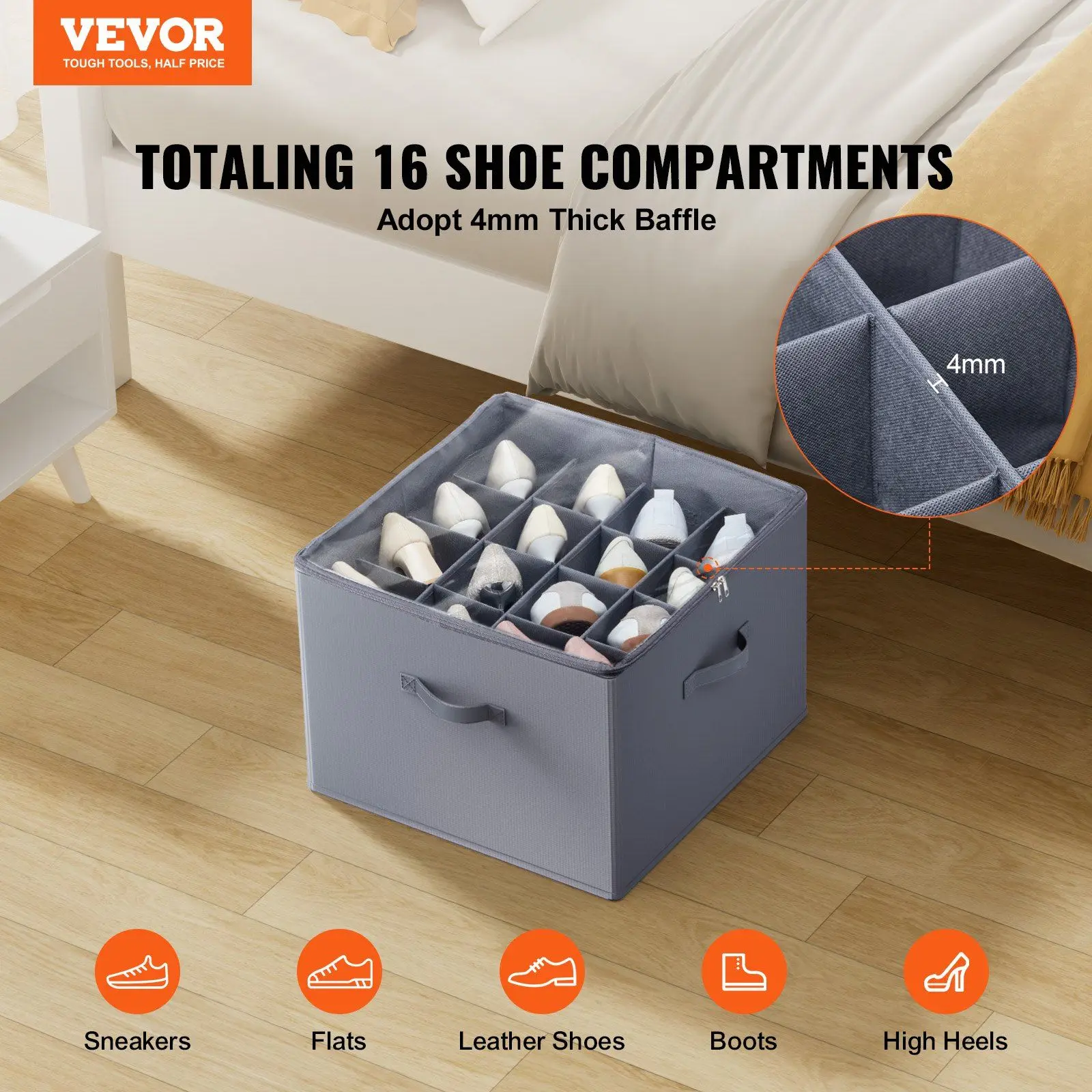 Shoe Organizer 16 Compartments Adjustable Dividers Grey Fabric Storage Box For Bedroom L17 X W17 X H12.4