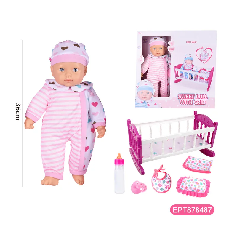 EPT New Children Pretend Play 16 Inch Pee Cotton Body Doll Toys Newborn Lovely Baby Doll Girl With Crib For Kids