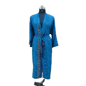 Dress Style Knee Length Bathrobe Blue Colour Vintage Silk Saree Floral Kimono Up-cycled Sleepwear Indian Handmade Maxi Gown