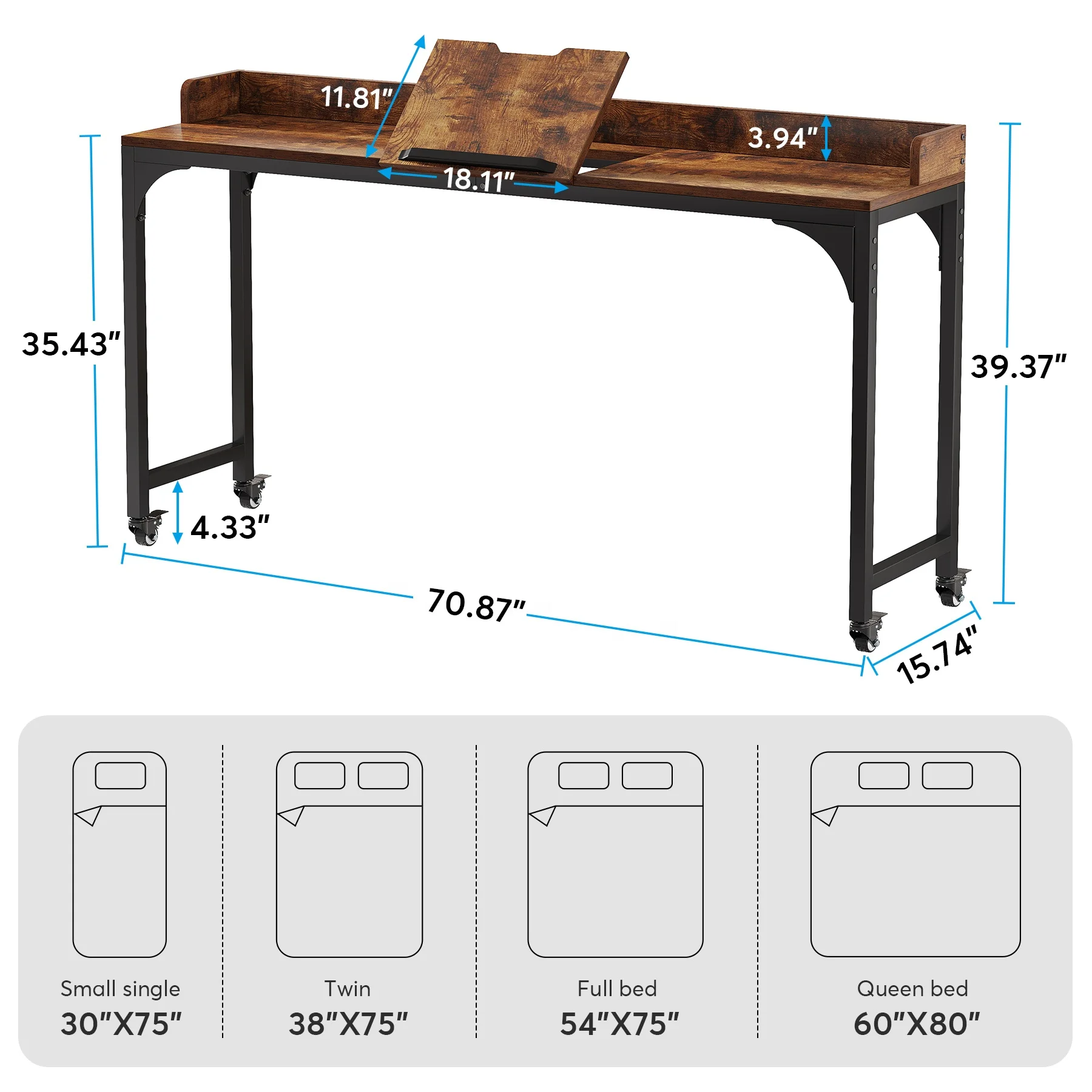 Tribesigns Brown Overbed Table with Wheels Wooden Bedroom Furniture Modern Mobile Computer Workstation Laptop Cart