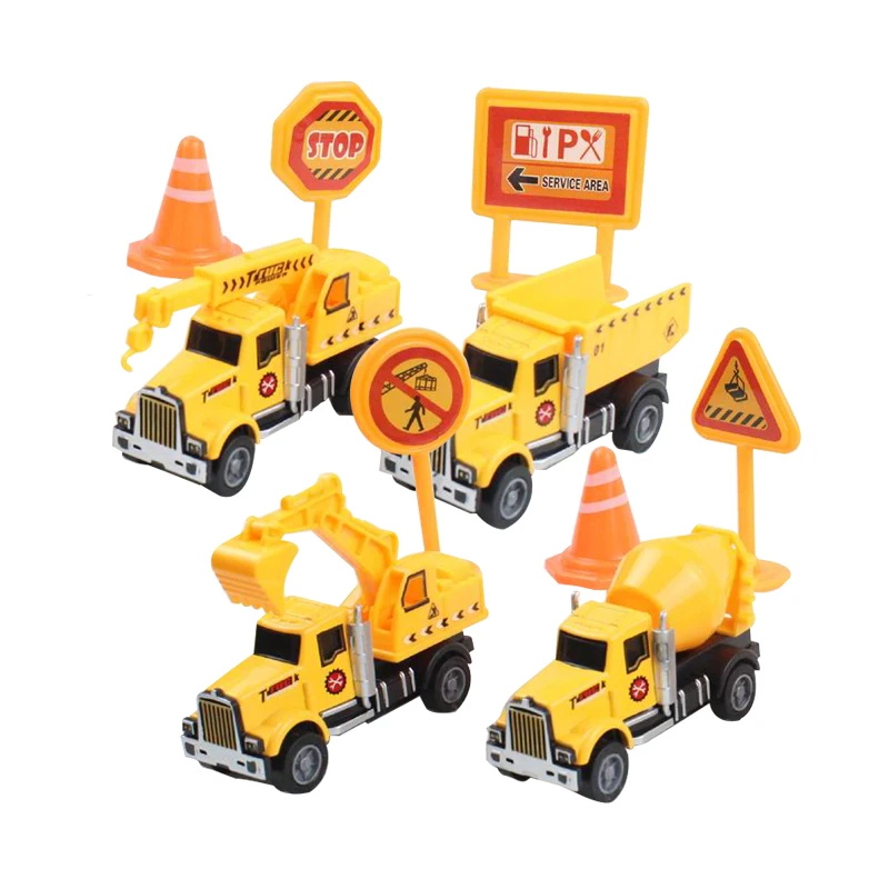 Kids 4pcs die-cast engineering truck baby yellow pull back diecast car toy