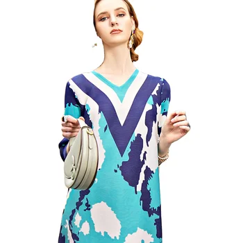 Wholesale Best Selling KML Italian Design Collection Blue Geometric Pattern Dress For Women And Lady