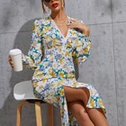 Wholesale Summer Women Dress V-neck Long Sleeve Bodycon Printed Casual Floral Contrast Lace Split Dress