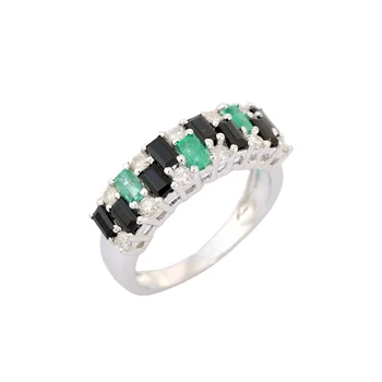 Trendy Genuine Natural Blue Sapphire Emerald and Diamond Ring 925 Sterling Silver Diamond Ring Custom Jewelry Women Men Gift