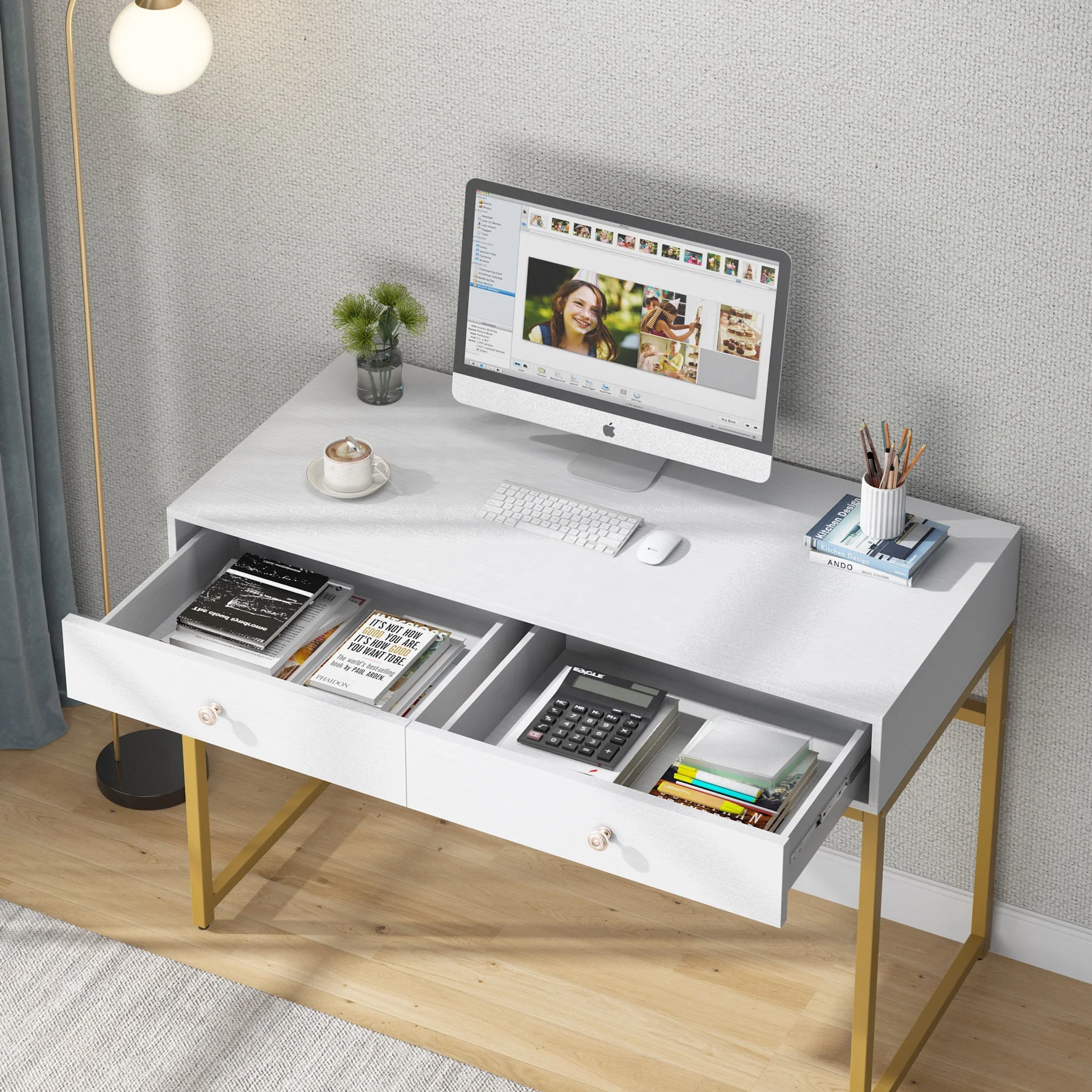 Modern Simple 47 inch Computer Desk Home Office Study Table Writing Desks Makeup Vanity Console Table with 2 Storage Drawers