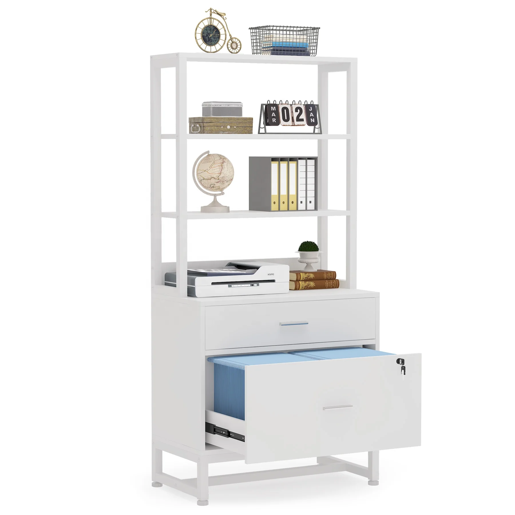 Tribesigns White Printer Stand with Open Storage Shelves 2-Drawer Lock Wood File Cabinet Mobile Lateral Filing Cabinet