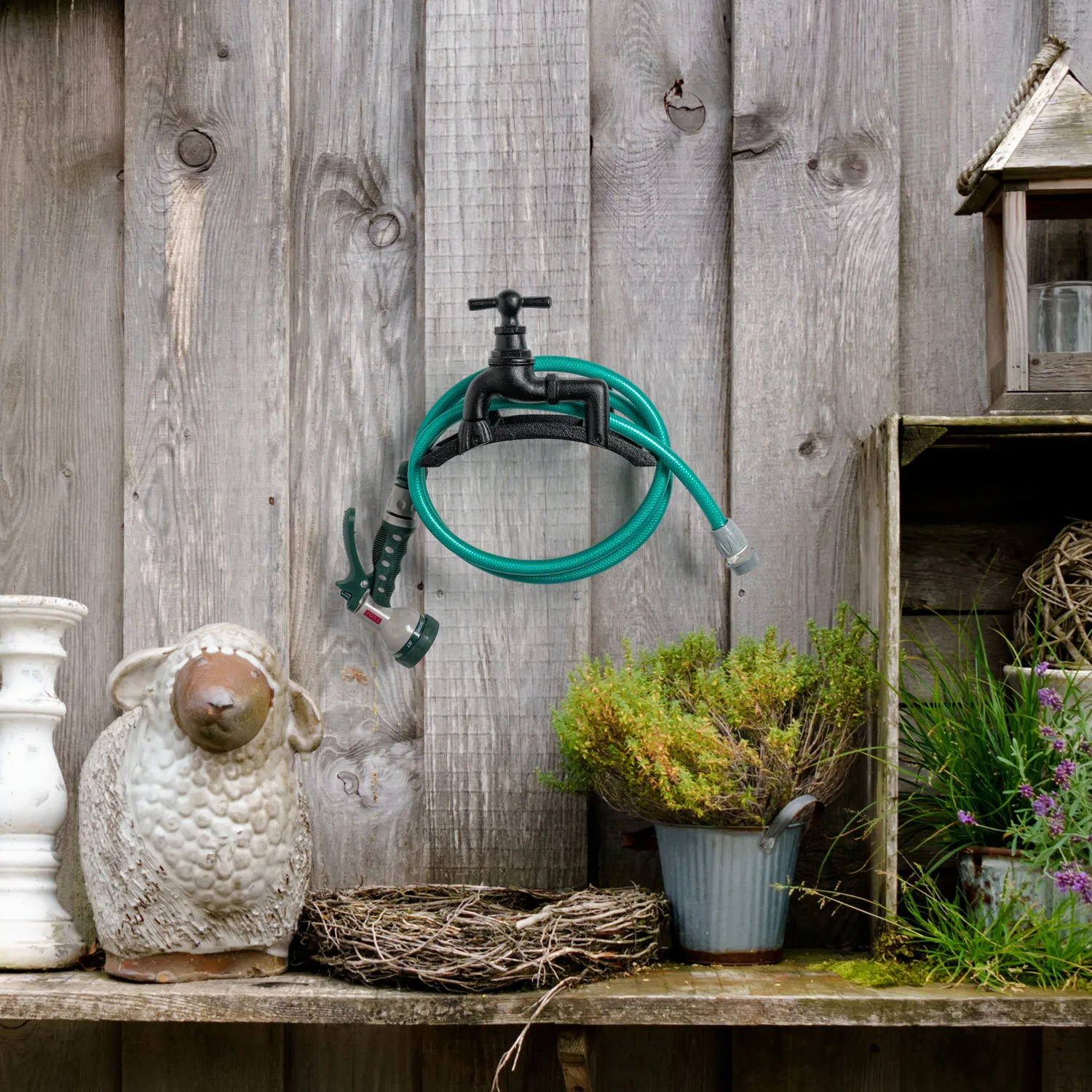 MyGift Vintage Black Cast Iron Wall Mounted Garden Hose Rack Long-Time Favorite Gardening Essential Tool Holder S733b69edb16e47bab1ca15dccabab6151