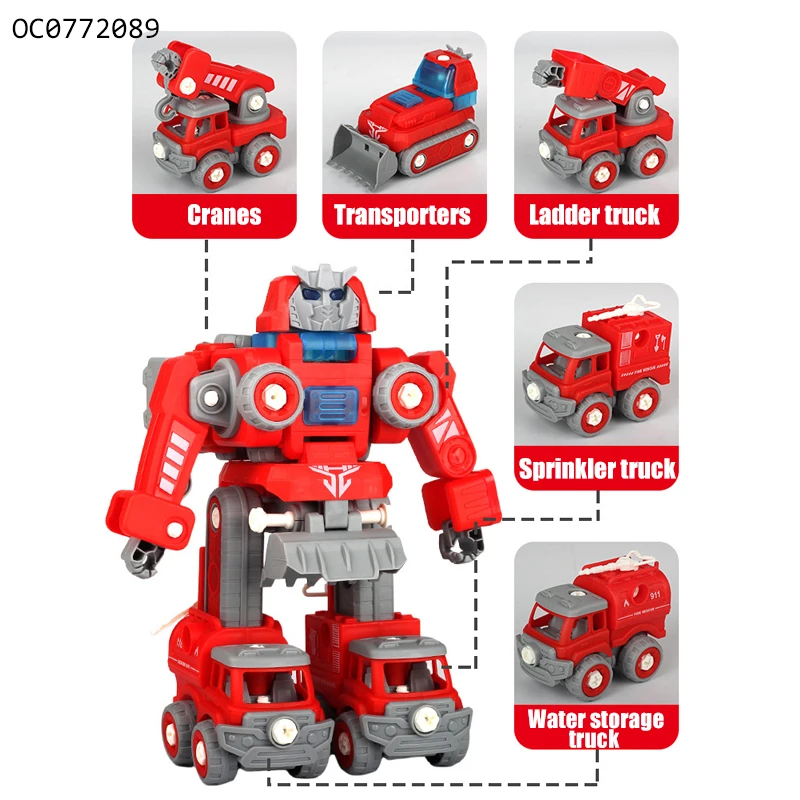 Interesting 5 IN 1 deformation diy fire truck assembly robot car toy for kids