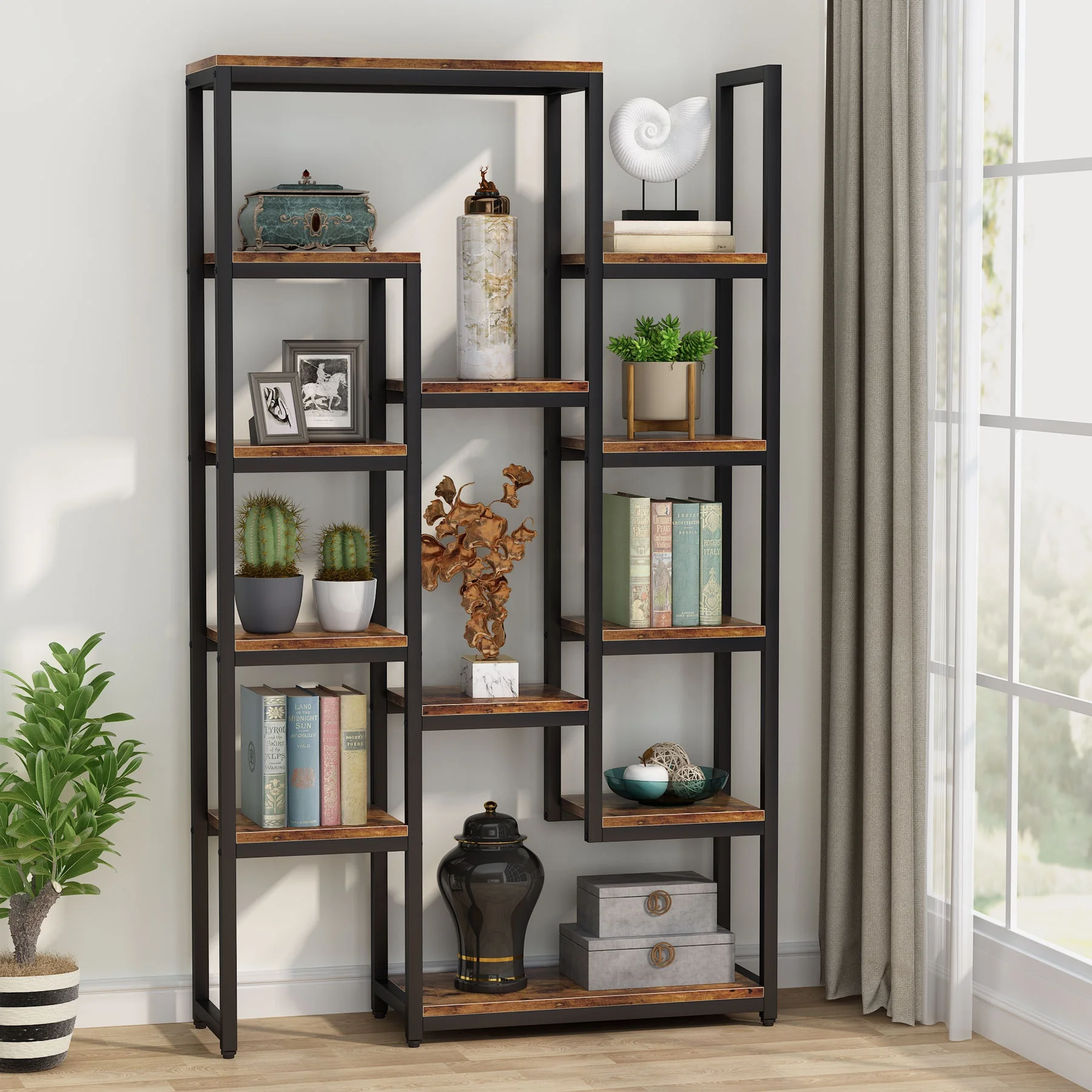 Tribesigns Industrial Rustic 5-Tier Display Shelf Ladder Shelf Storage Rack Metal Wood Bookshelf Bookcase