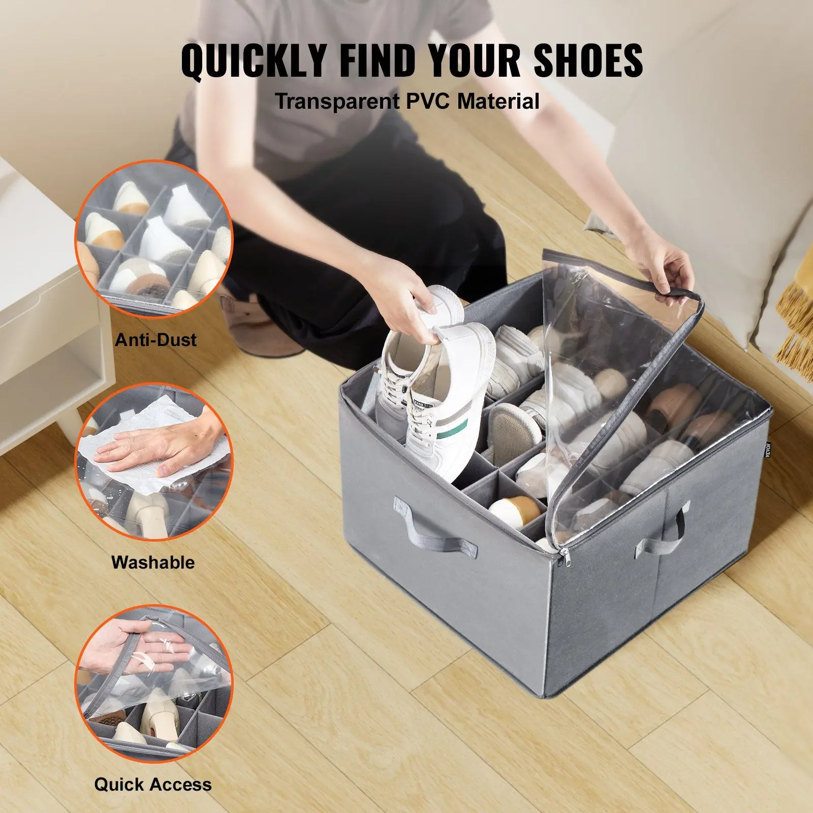 Shoe Organizer 16 Compartments Adjustable Dividers Grey Fabric Storage Box For Bedroom L17 X W17 X H12.4