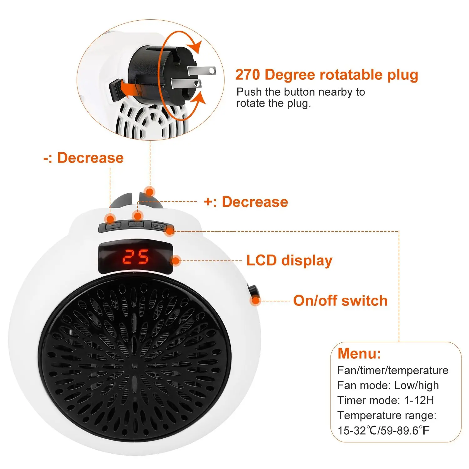 Portable Electric Heater, 900W, Wall - detail 10