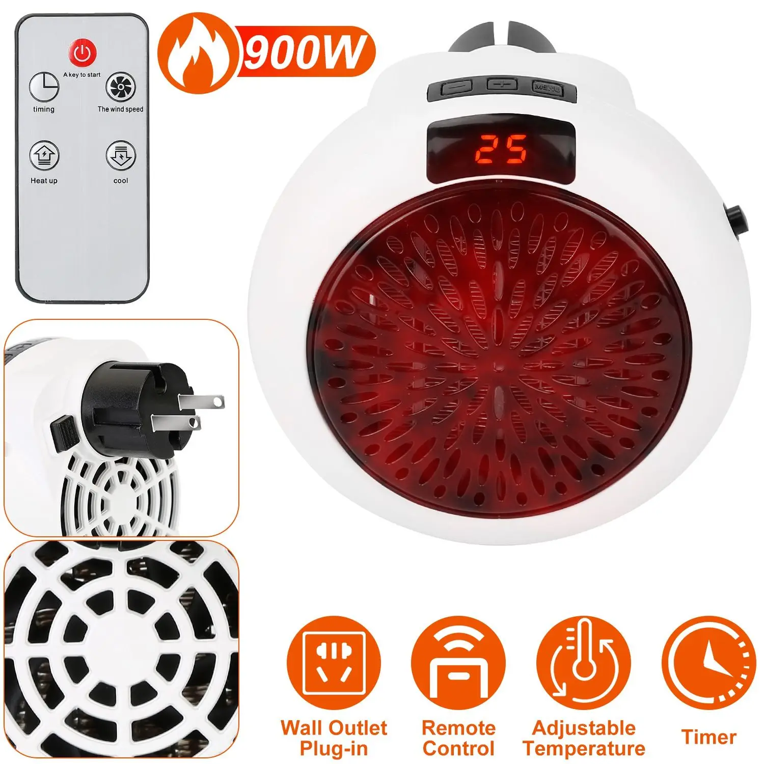 Portable Electric Heater, 900W, Wall - detail 4