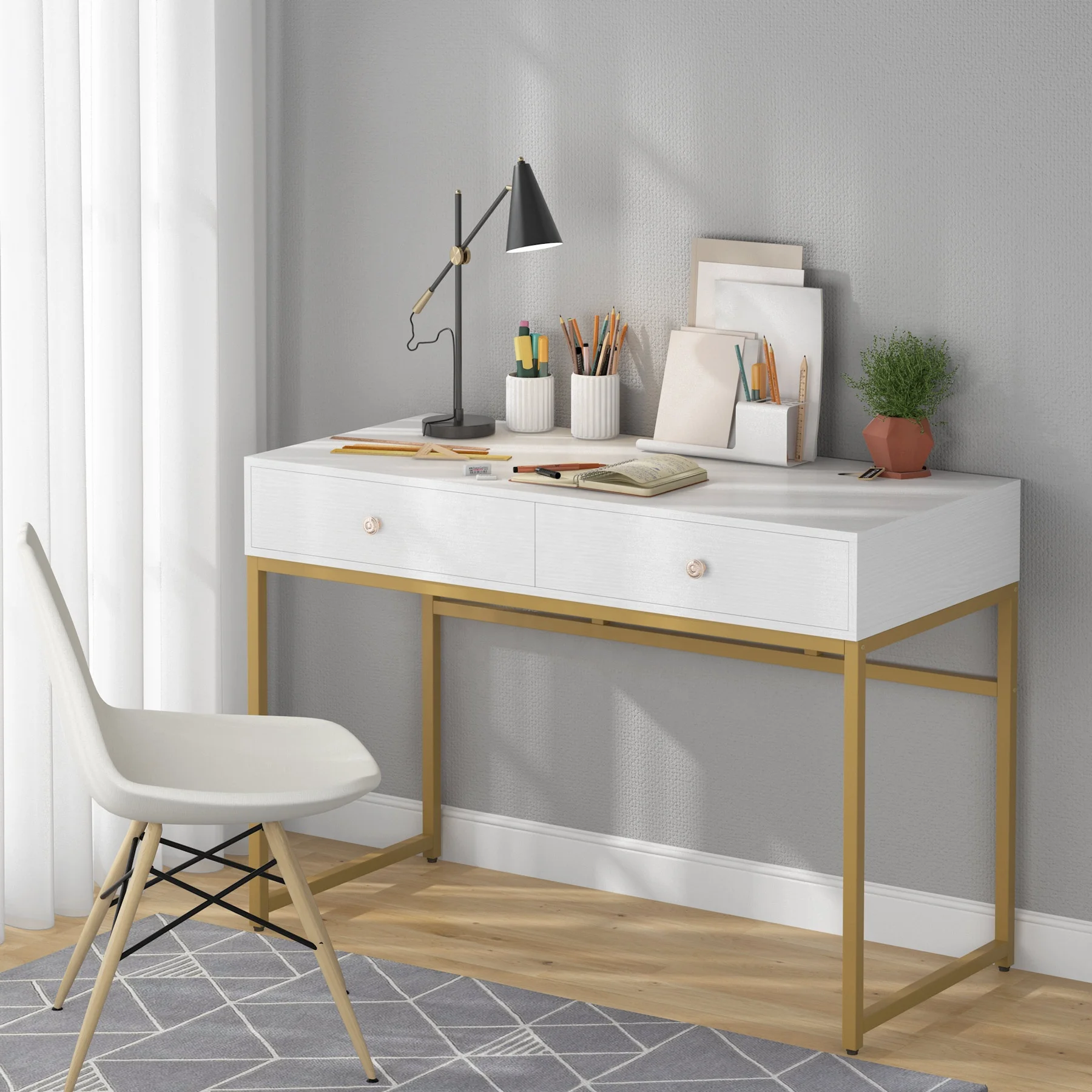 Modern Simple 47 inch Computer Desk Home Office Study Table Writing Desks Makeup Vanity Console Table with 2 Storage Drawers