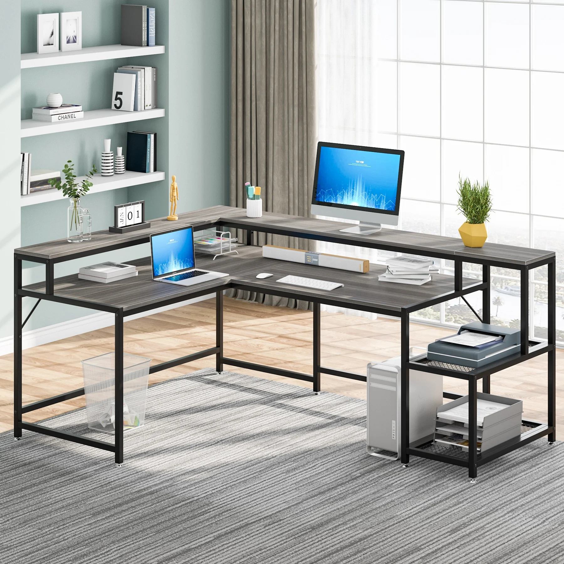 Tribesigns Gray L shape Industrial Computer Table Writing Desk working station for Home Office