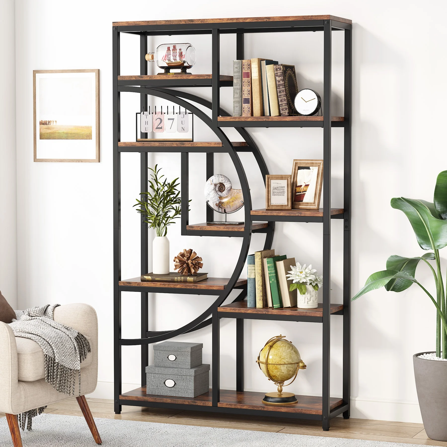 Tribesigns 5 Tiers Open Farmhouse Book Shelf Wood Metal Display Rack High Quality Display Cabinet
