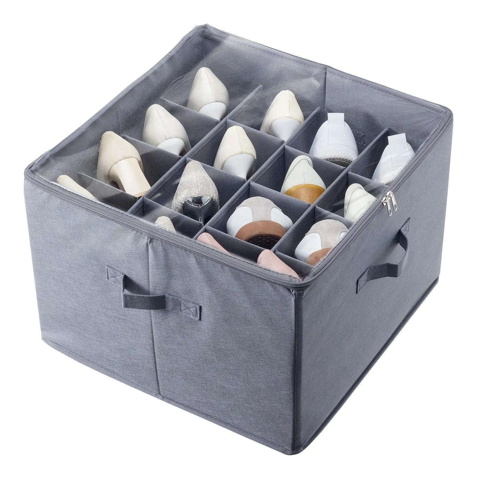 Shoe Organizer 16 Compartments Adjustable Dividers Grey Fabric Storage Box For Bedroom L17 X W17 X H12.4