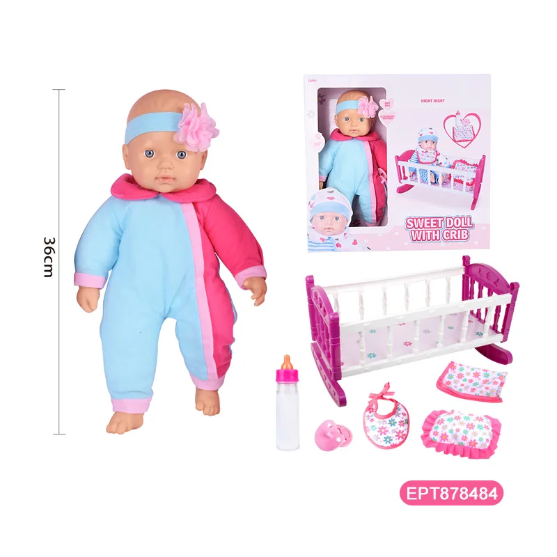 EPT New Children Pretend Play 16 Inch Pee Cotton Body Doll Toys Newborn Lovely Baby Doll Girl With Crib For Kids