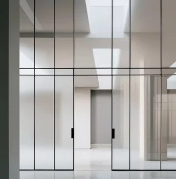 ALUFRONT Tempered Glass Aluminum Sliding Door Manual Fiberglass Indoor Soft-Close Black Frame 4-Panel Ultra-Thin Narrow