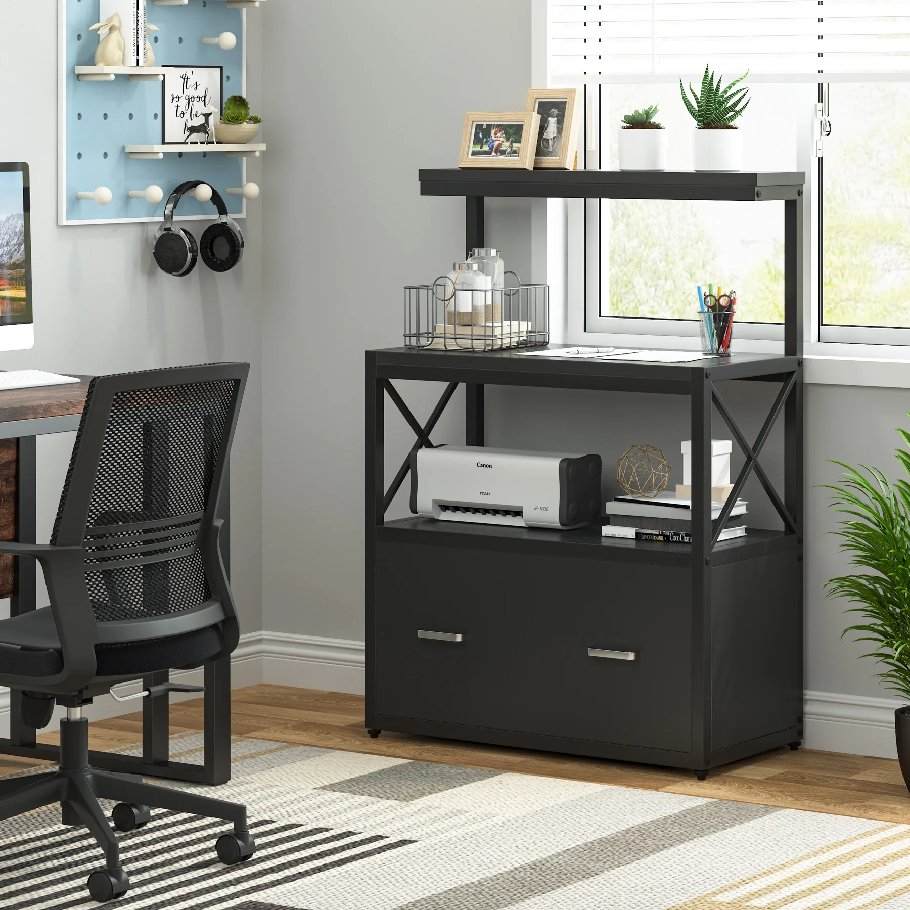Tribesigns Modern Filing Cabinet with Drawer Metal Printer Stand with Open Storage Shelves for Home Office