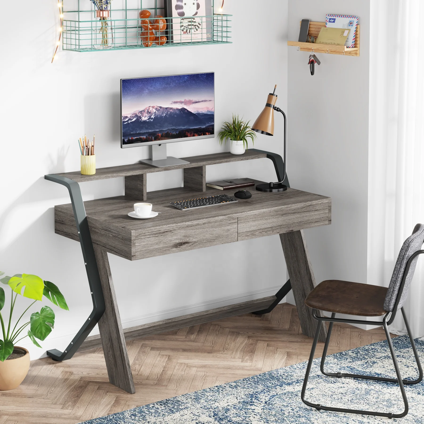 Tribesigns 47-Inch Writing Desk with Monitor Stand Riser Computer Table Office Desk Studying Workstation School Furniture