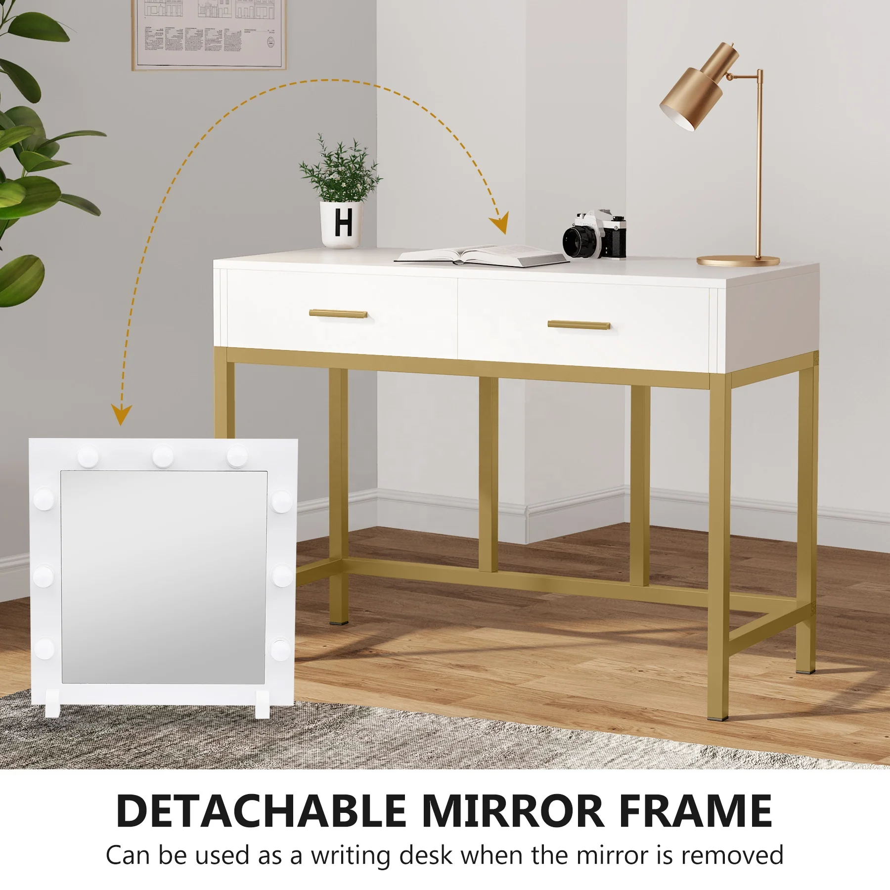 Tribesigns Hot Selling Bedroom Furniture Mirror Dressing Table with 9 Lights and 2 Drawers Makeup Vanity