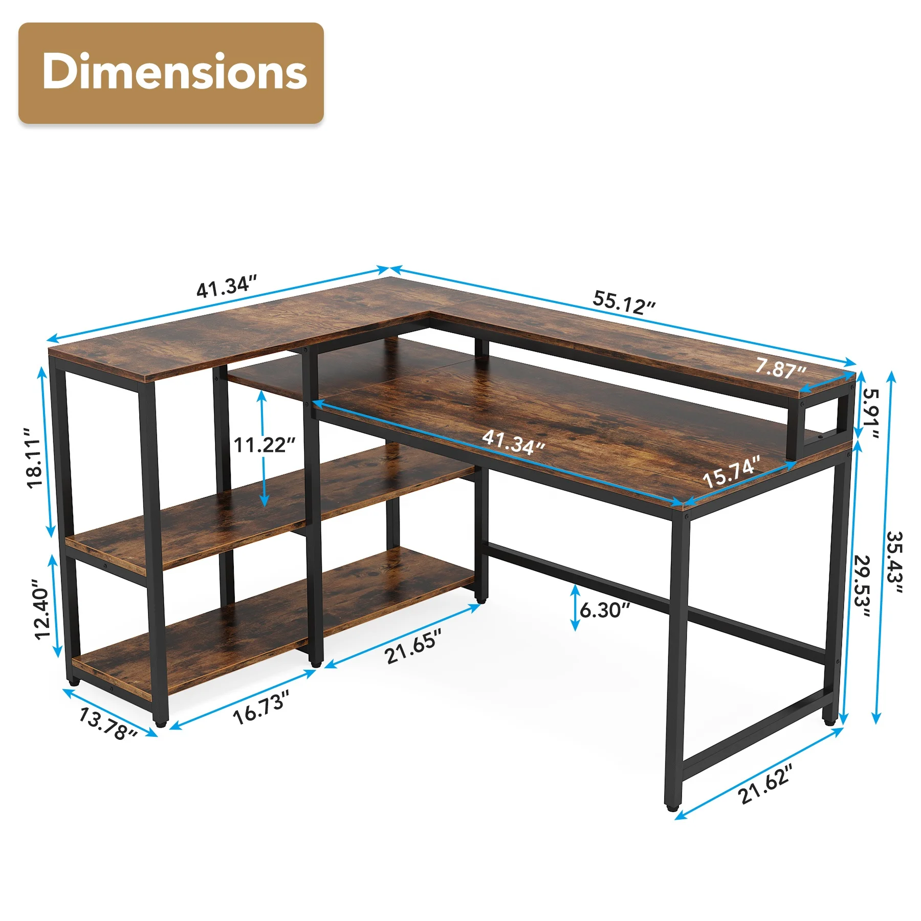 Tribesigns 55 Inch Industrial Corner computer Desk Study Writing Table with Shelves and Monitor Stand  for Home Office
