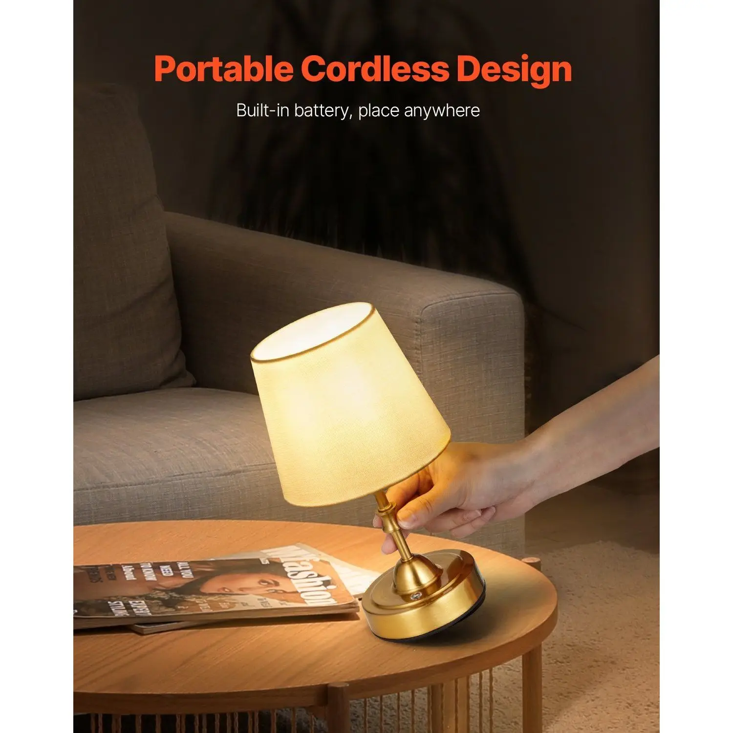 Cordless Gold Small Desk Table Lamp with Fabric Shade Rechargeable Battery Elegant Design