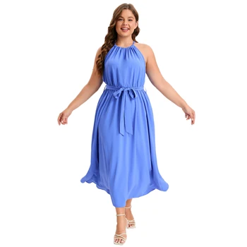 Customized Fashionable Women's Clothing Women Dress Pocket Elastic Waist Belt Flutter Hem Maxi Dress OEM Manufacturer
