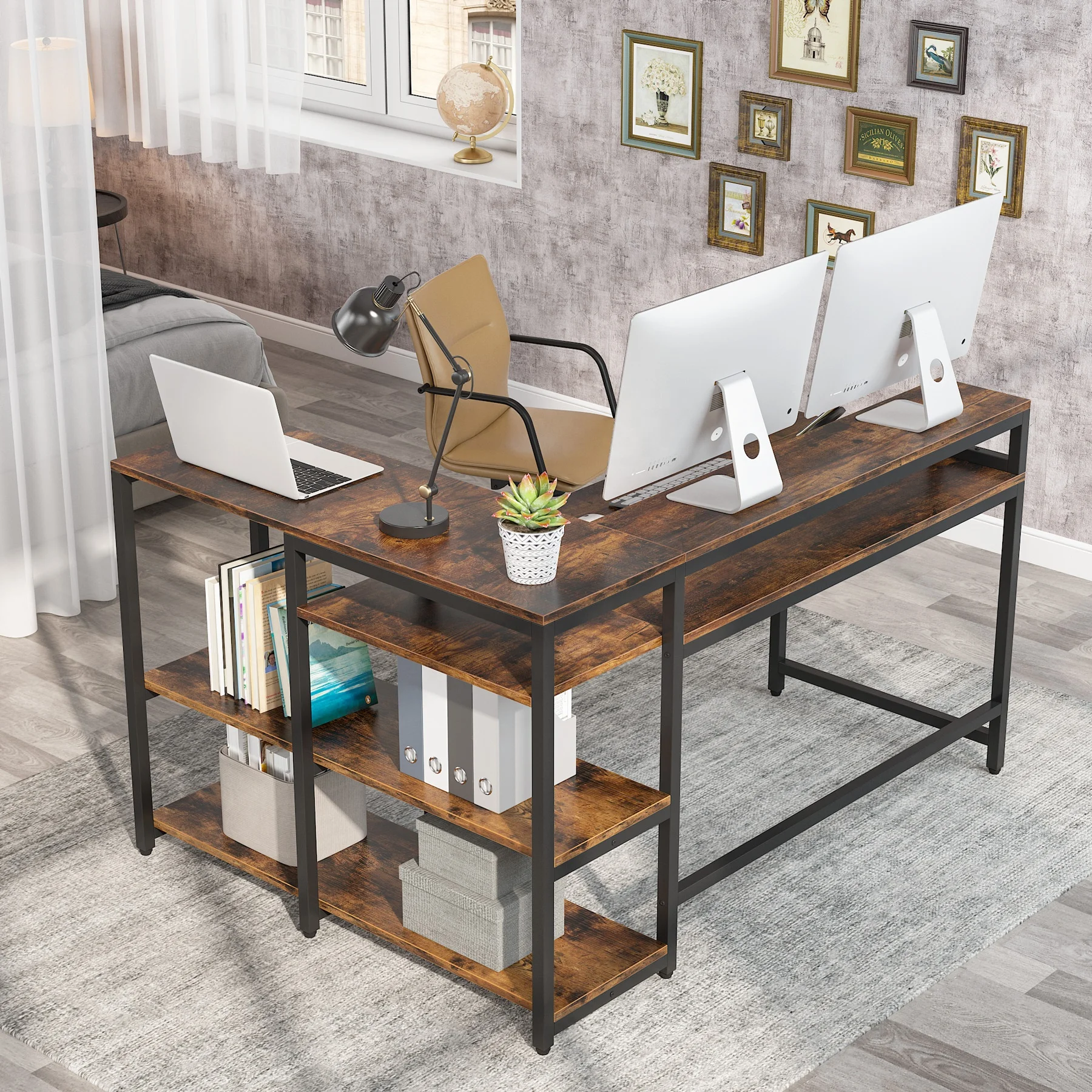 Tribesigns 55 Inch Industrial Corner computer Desk Study Writing Table with Shelves and Monitor Stand  for Home Office