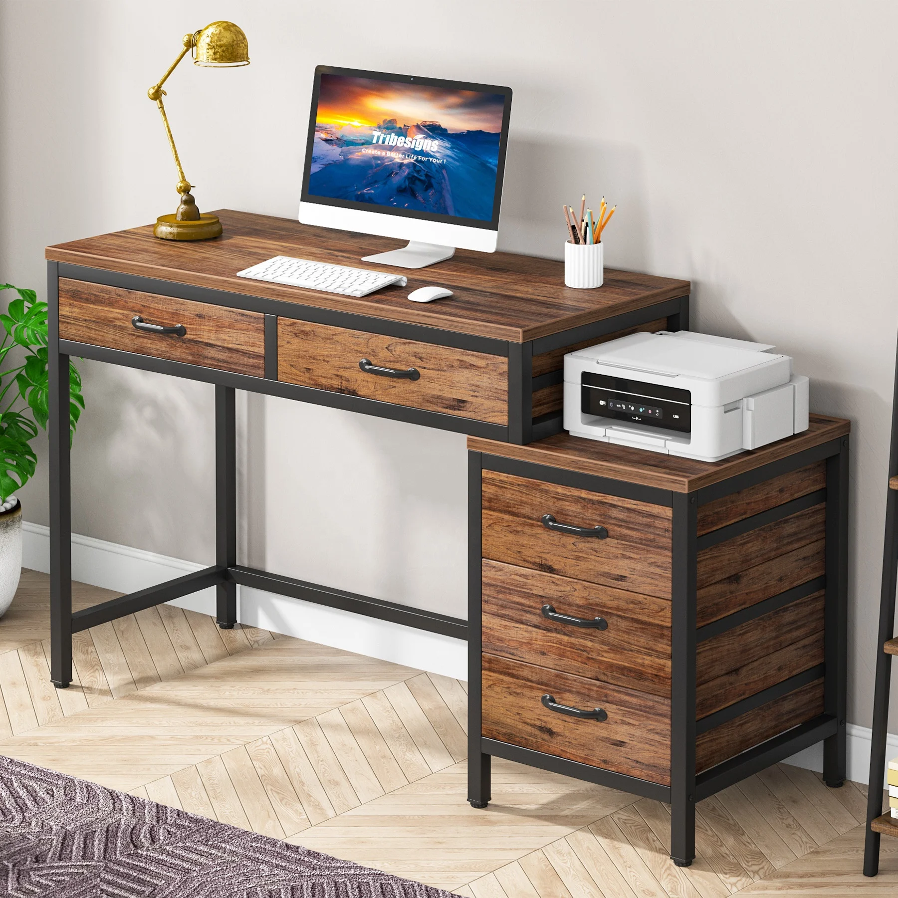 Tribesigns Gaming Desk with Reversible Storage Drawer Cabinet Printer Stand School Furniture Study Desk Home Office Desks