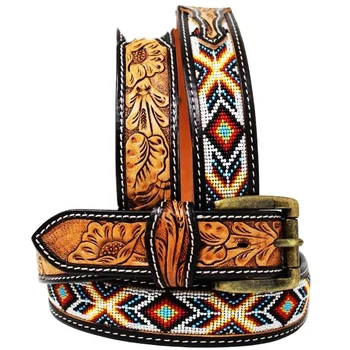 Saman Exports Custom Made Premium Quality Western Cow Leather Beaded Belt With Hand Tooled Floral Design Manufacturer