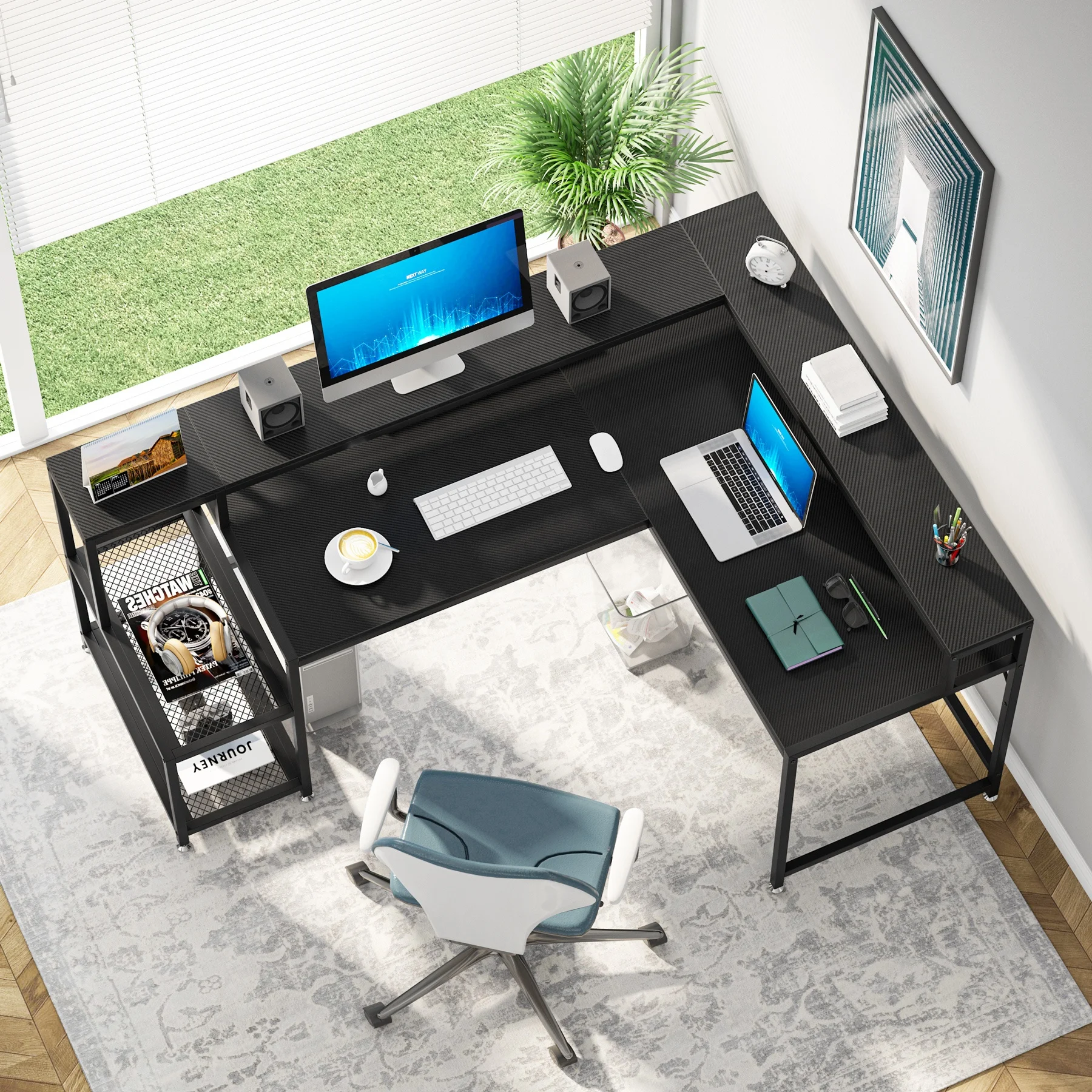 Multi purpose wood L Shape Long Reversible Corner computer desk home office executive desk with flat shelves