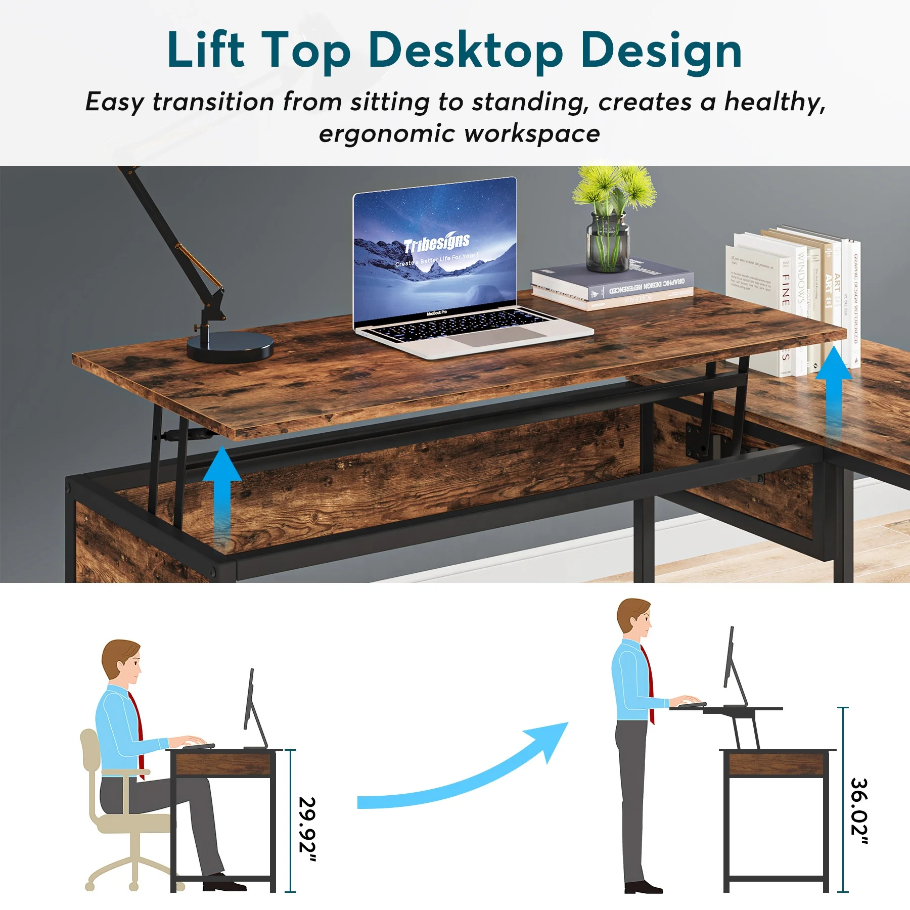 Tribesigns 59 Inch L Shaped Lift Top Table with 2 Drawers Height Adjustable Corner Computer Desk for Home Office