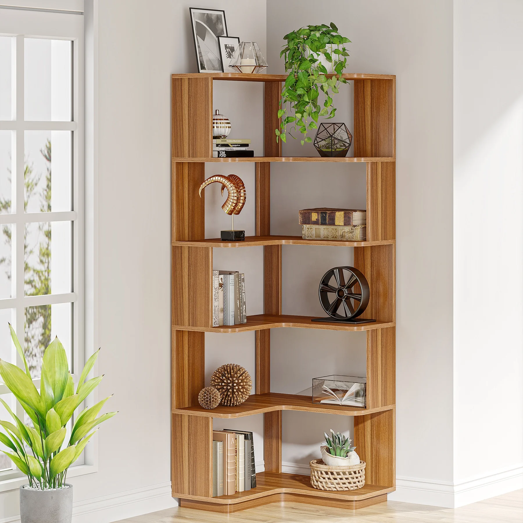 Freestanding Wood 6 Tier 64.9 Inch Tall Industrial Corner Bookcase with Display Rack Storage Organizer for Home Living Room