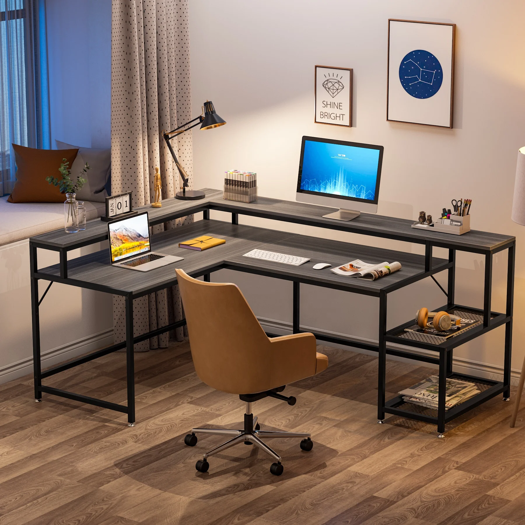 Tribesigns Gray L shape Industrial Computer Table Writing Desk working station for Home Office