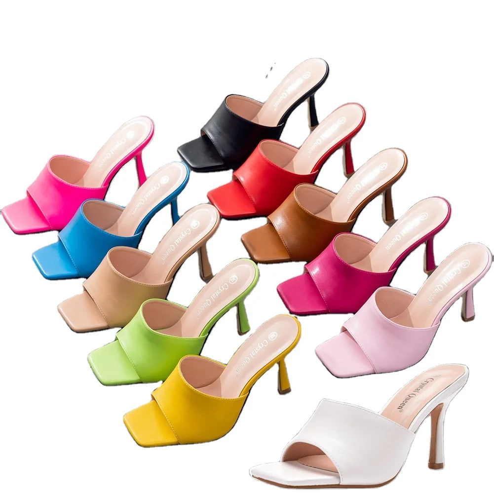 New Summer Women Slipper Square Toe Thin High Heel Ladies Sandal Mules High Quality Elegant Dress Shoes Slides