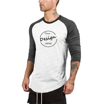 HS310 fashion design raglan 3/4 sleeve sportswear men t shirts printed plain black soft cotton muscle gym tshirt in bulk