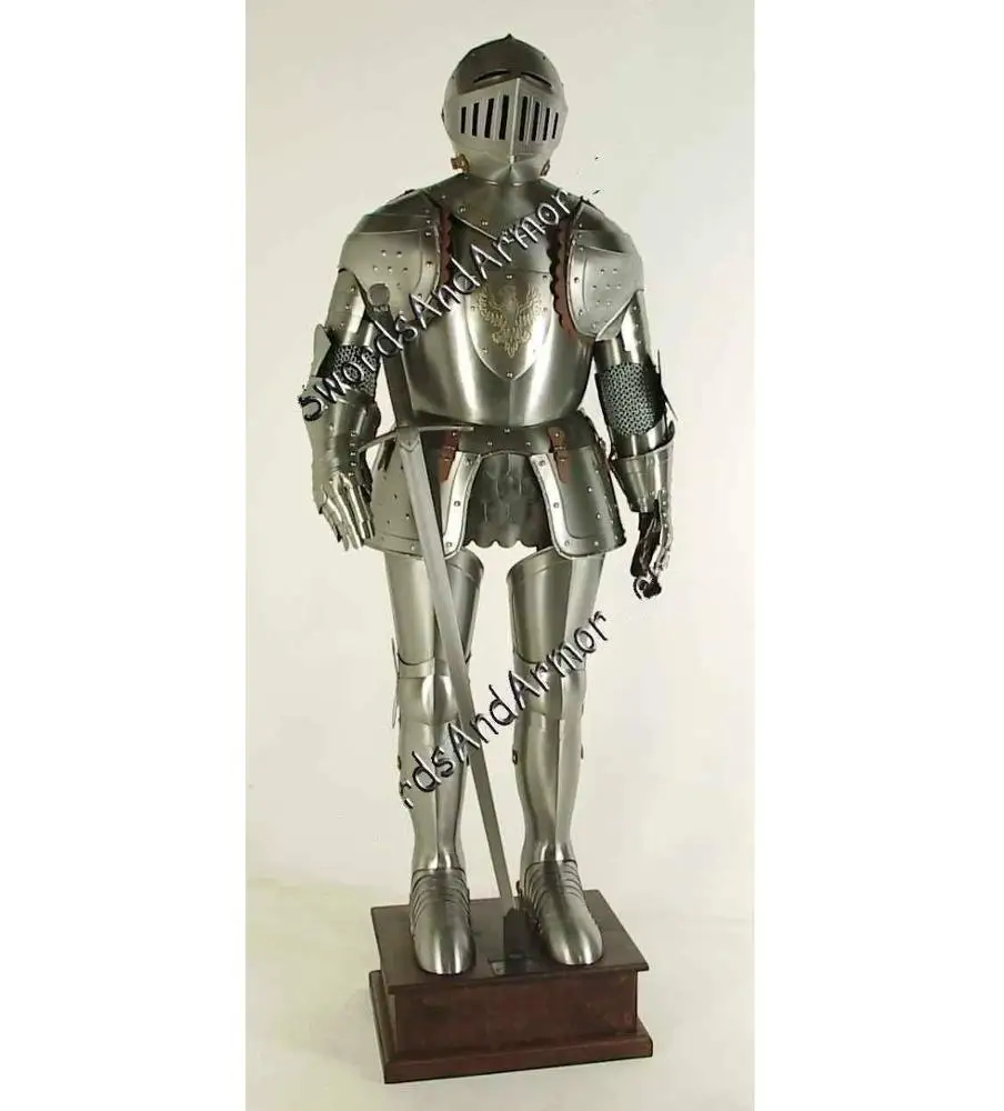 Medieval Templar Knight Suit Of Armor Combat Full Body Armour Shield Sword Stand 