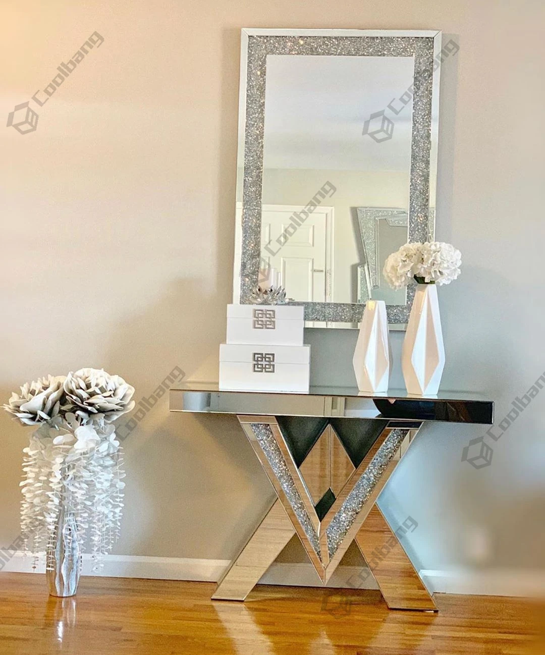 crushed glass console table