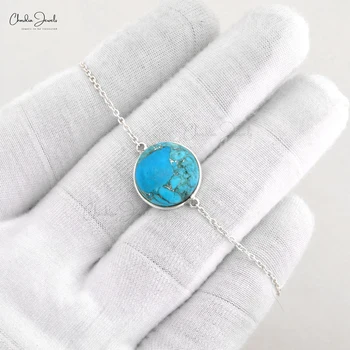 925 Sterling Silver Gemstone Bracelet 15MM Round Cabochon Shape Turquoise Stone In Wire Setting For Her At Reasonable Cost