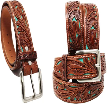 Hidayat International Luxury Cowboy Cowgirl Western Tooled Floral Embossed Full Grain Genuine Cowhide Leather Belt For Men Women