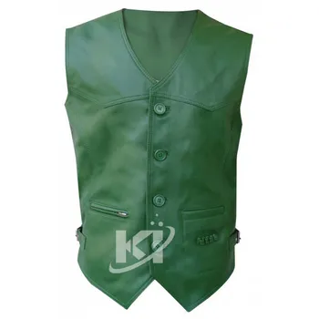 Green Leather Hunting Vest For Mens