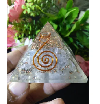 Celestite Crystal Stone Orgone Pyramid 50 MM With Crystal Quartz Copper And Pyrite For Contact Your Guardian Angels