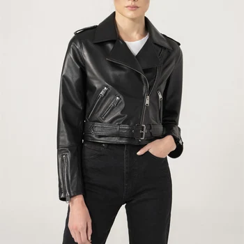 Women's Belted Black Crop Sexy Girls Genuine leather jackets for Bike Riders Moto leather Jacket Winter Casual Coats Wholesale