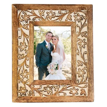 Classic Antique Design Burnt White Wash Color Wholesale Decorative Mango Wood Carved Wooden Photo Picture Frame from India