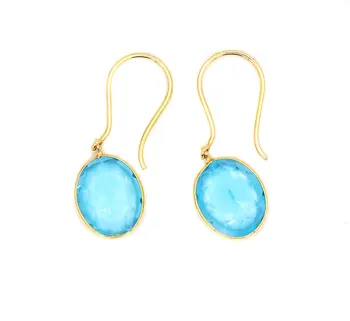 Natural High Quality Blue Topaz 18K Solid Yellow Gold Drop Dangle Earring Jewelry Wholesaler For Women